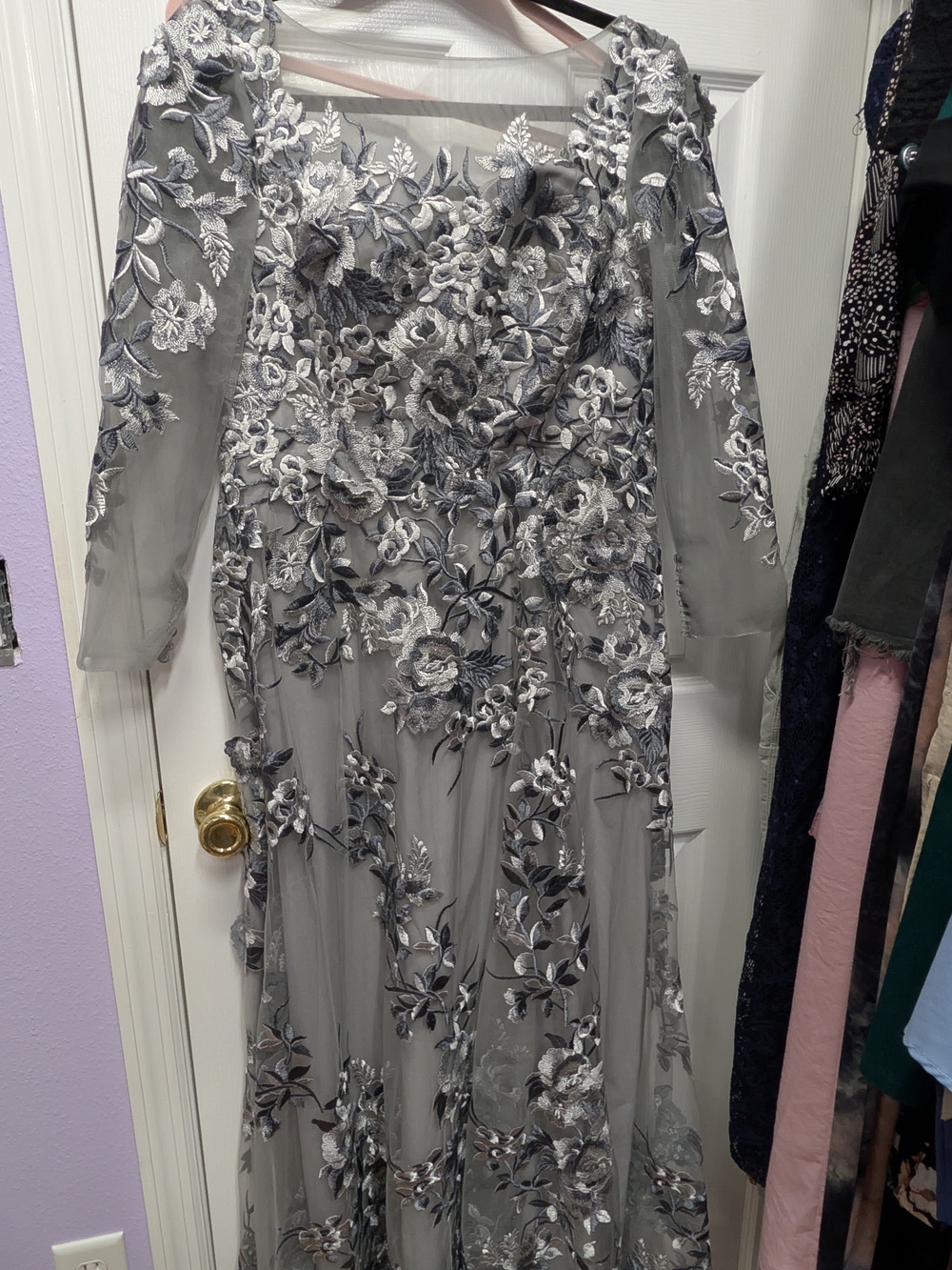 NWT JJ's House Grey Silver Floral Embroidered 3D Applique Gown